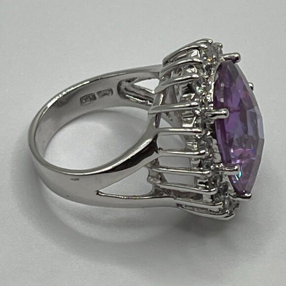 Large Oval Purple CZ & Clear Accents Sterling Silver Ring 925 Marked - Picture 5 of 11